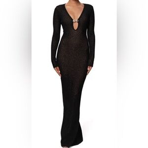 New JLUXLABEL Sol Open Stitch Long Sleeve BodyCon Sweater Knit Dress Black Shell